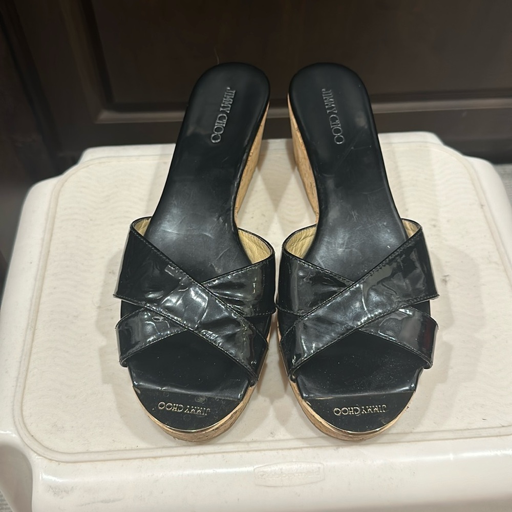 Jimmy Choo Black Patent Leather Wedge Sandals